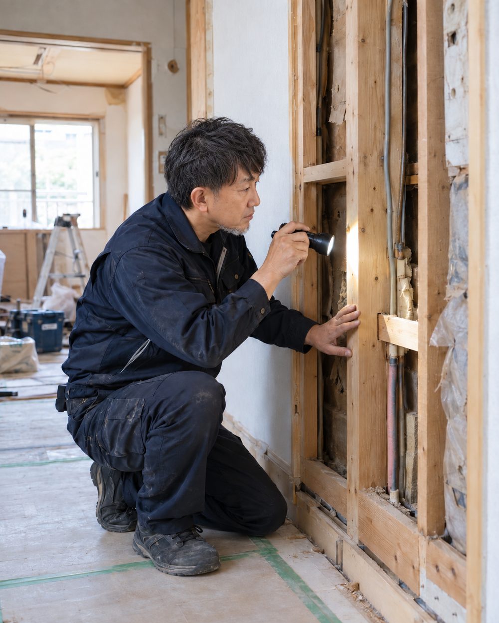 壁の中をライトで照らして確かめる様子